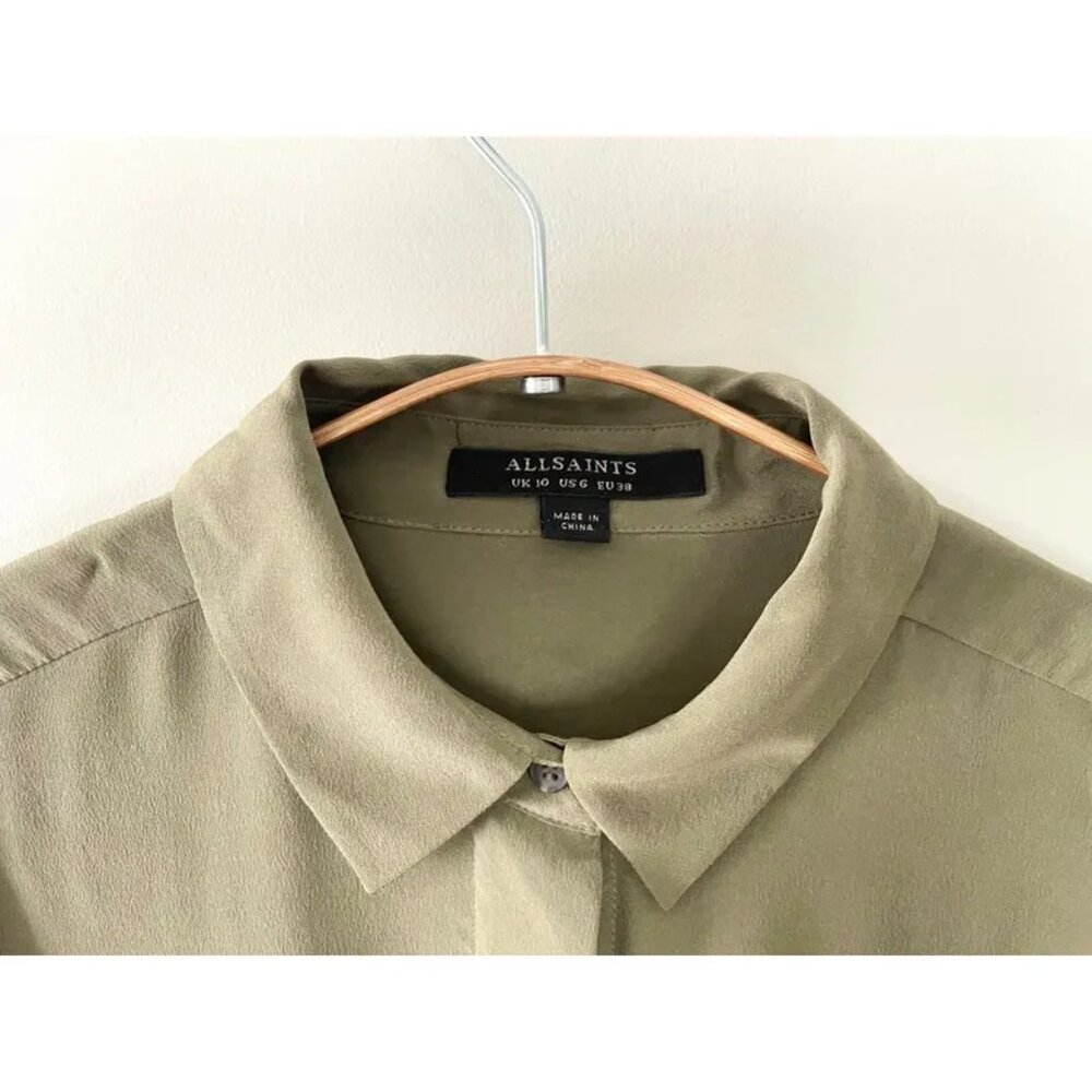 AllSaints Alex Silk Shirt Tunic Dress Olive Green Black Applique UK 10 US 6 - Picture 5 of 16